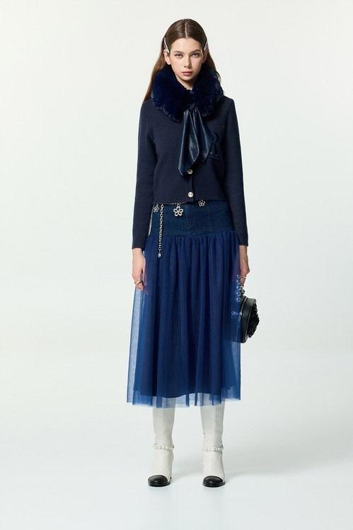 濃厚靛藍仿皮草領針織外套,針織外套