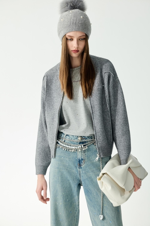 薄暮灰鑲珍珠針織外套,針織外套