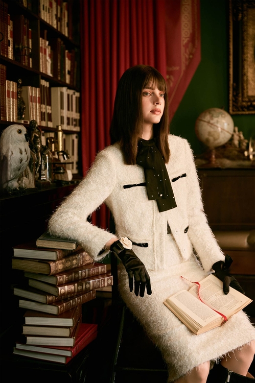 彈性花呢羽毛紗黑蝴蝶結縫飾外套,小香風外套