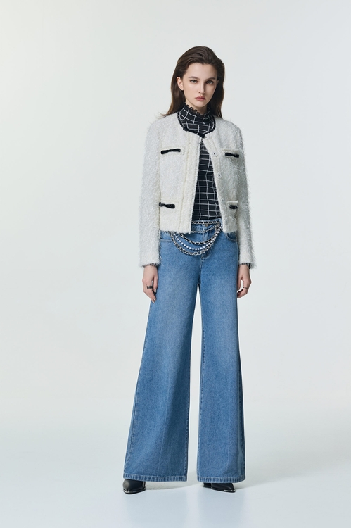 彈性花呢羽毛紗黑蝴蝶結縫飾外套,小香風外套