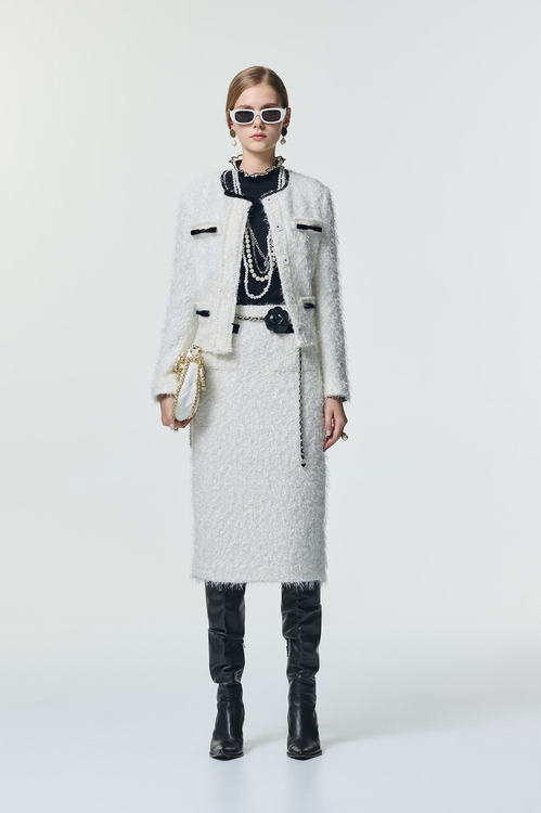 彈性花呢羽毛紗黑蝴蝶結縫飾外套,小香風外套