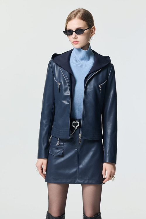 造型口袋連帽仿皮夾克,人氣商品