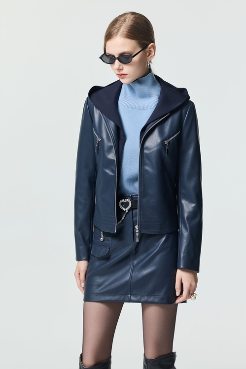 造型口袋連帽仿皮夾克,人氣商品