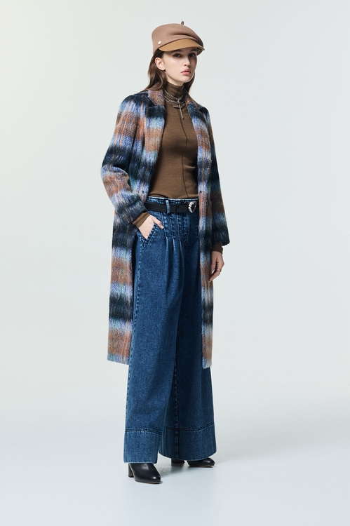 焦糖漸層藍刷毛大衣,長大衣