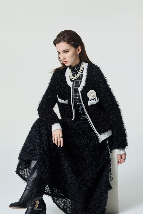 帶子紗崁銀蔥拉鍊式針織外罩,針織外套