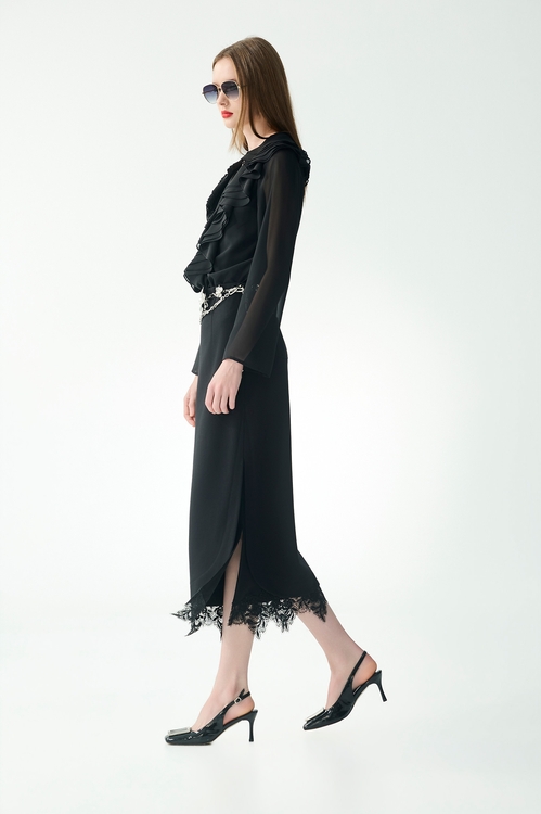 假兩件式彈性中長H裙,長裙