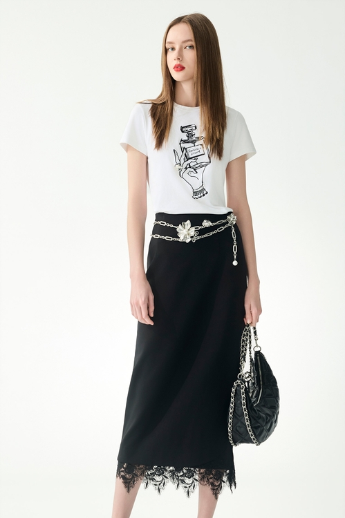 假兩件式彈性中長H裙,長裙