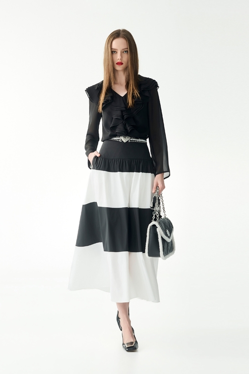 黑白拼接塔夫中長裙,長裙