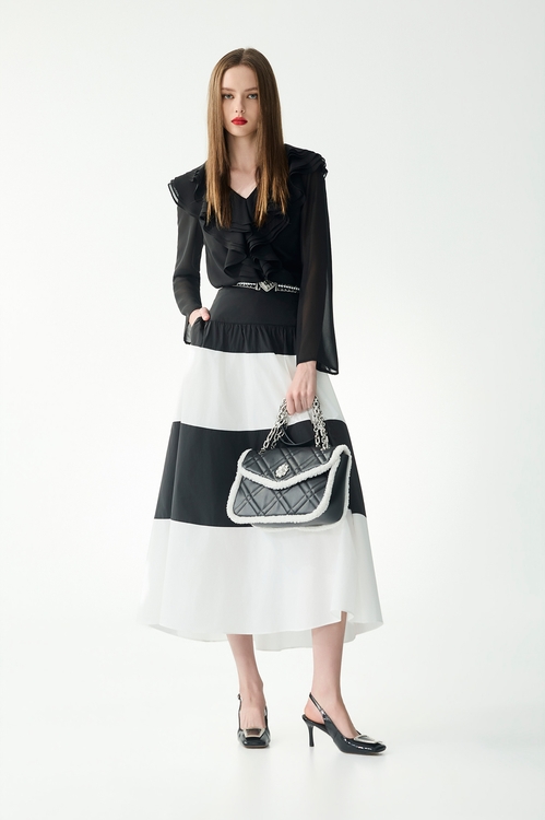 黑白拼接塔夫中長裙,長裙