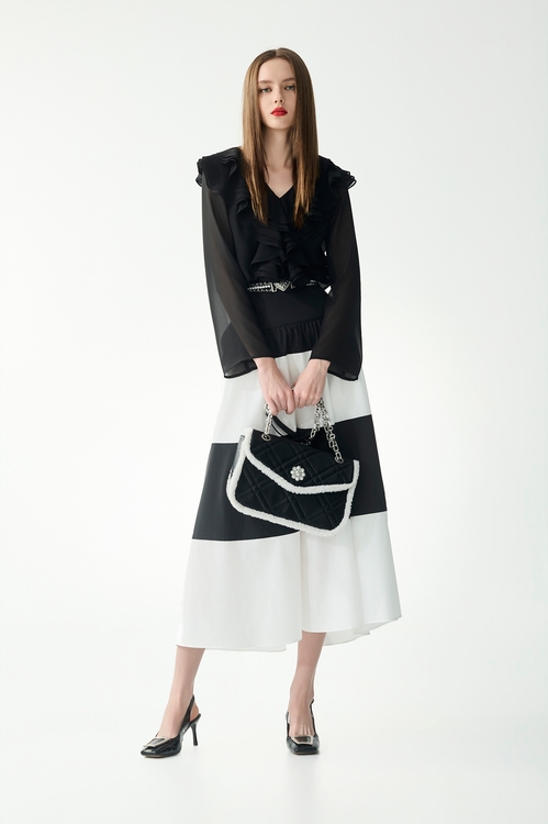 黑白拼接塔夫中長裙,長裙