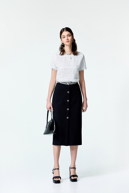 黑色逢釦裝飾直筒裙,黑色裙子