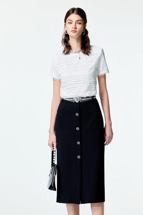 黑色逢釦裝飾直筒裙,黑色裙子