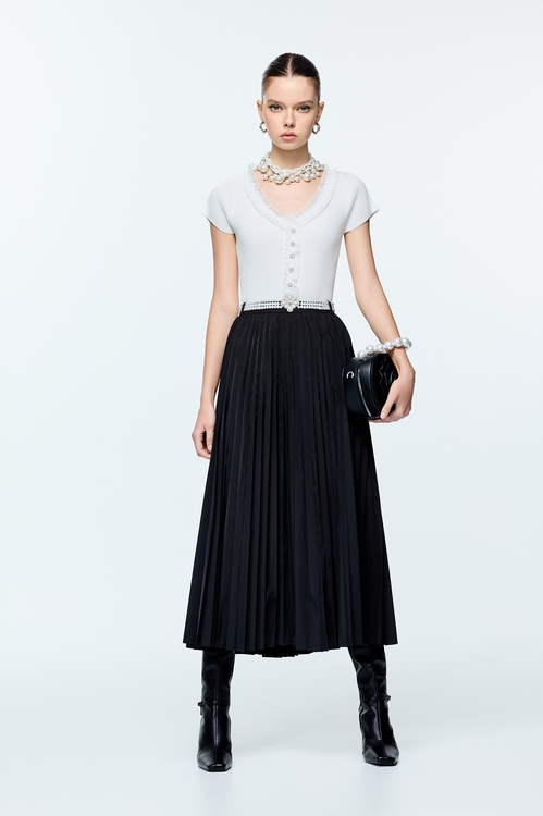 極致黑傘景壓摺式中長裙,百摺長裙