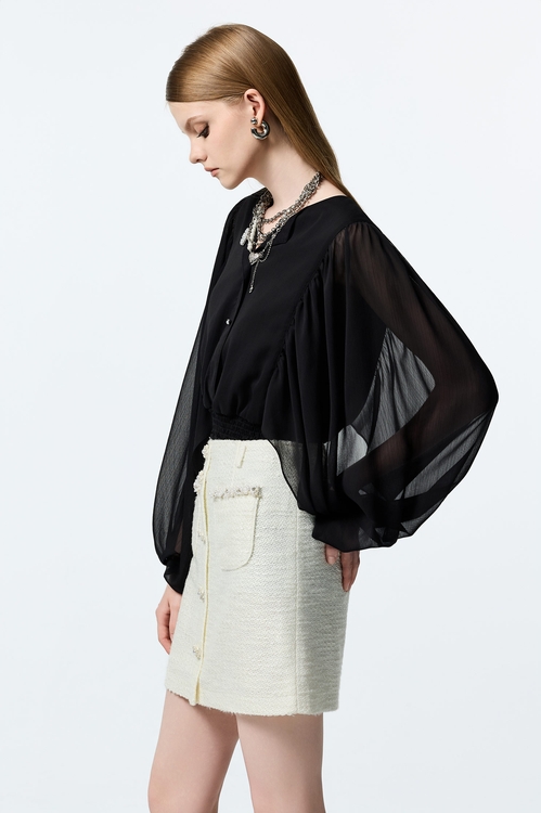 手工珍珠鑽飾花呢紗短裙,短裙