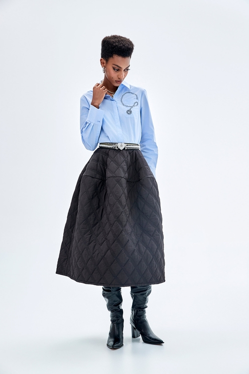 絎縫復古澎澎長裙,黑色裙子