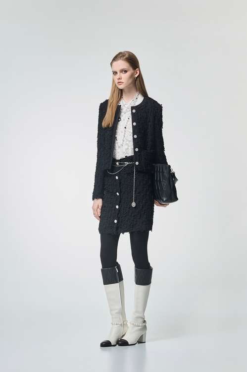 帶子紗式小香風珍珠釦短裙,短裙