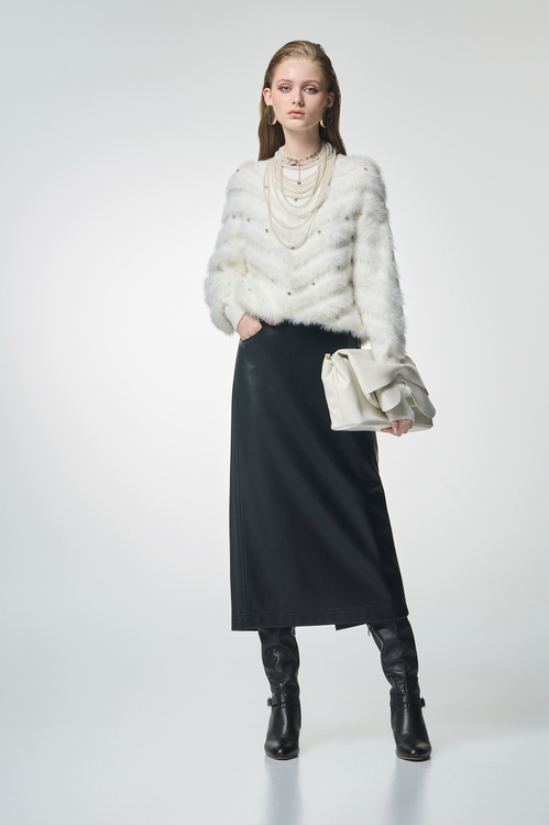 優雅黑皮革中長裙,皮革