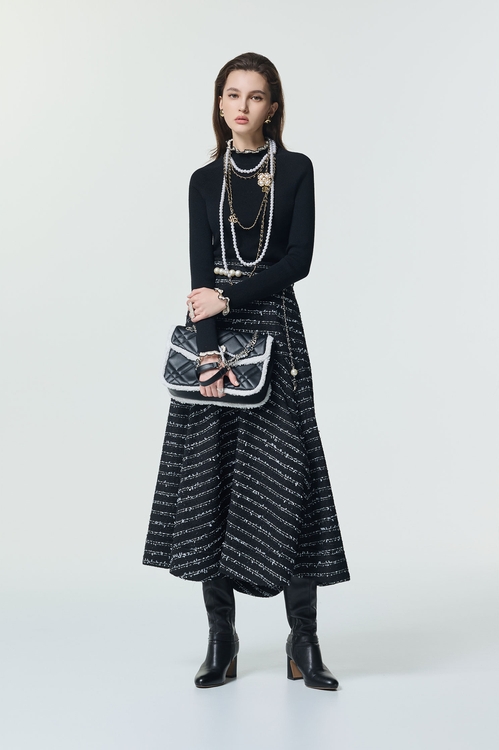 帶子紗花呢切展波浪中長裙,黑色裙子