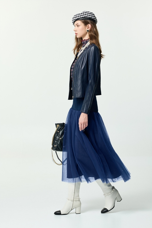 濃厚靛藍拼網紗牛仔裙,紗裙