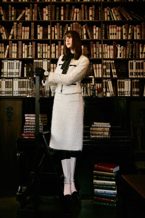 彈性花呢羽毛紗黑織帶中長窄裙,長裙