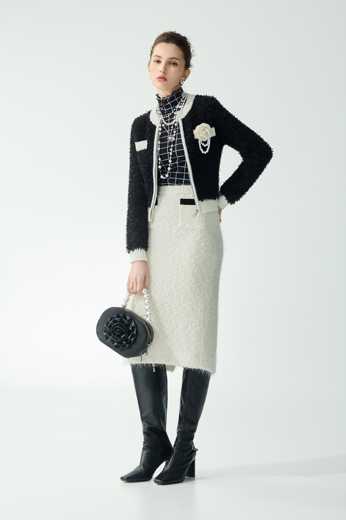 彈性花呢羽毛紗黑織帶中長窄裙,長裙