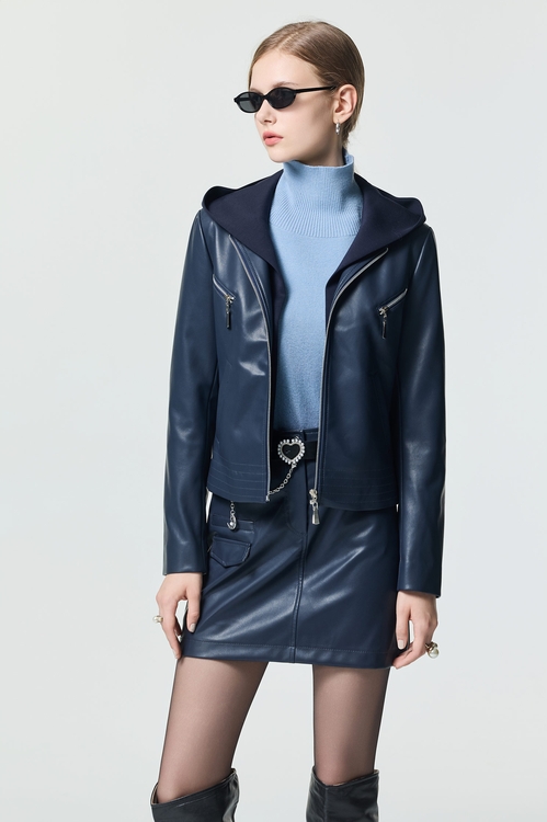 造型口袋仿皮裙,短裙