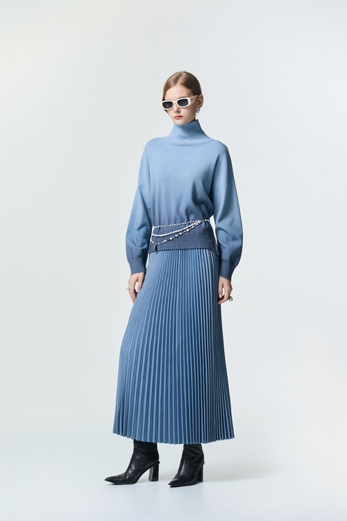 珍珠藍復古洗水百褶裙,長裙