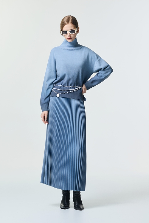 珍珠藍復古洗水百褶裙,長裙