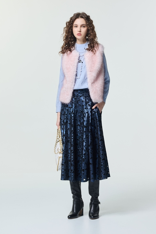 光澤感壓花中長裙,長裙