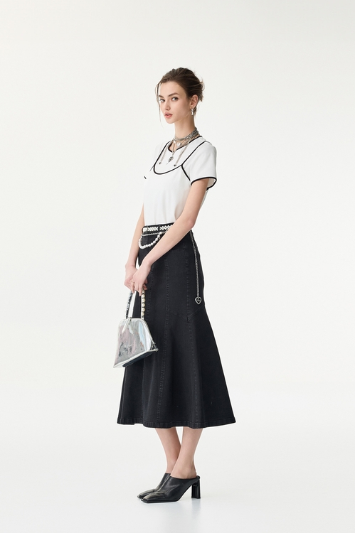 丹寧魚尾彈性中長裙,牛仔裙