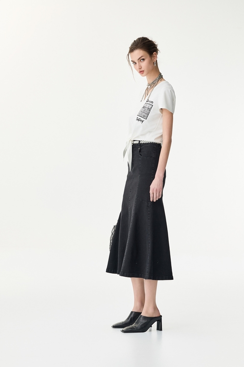 丹寧魚尾彈性中長裙,牛仔裙