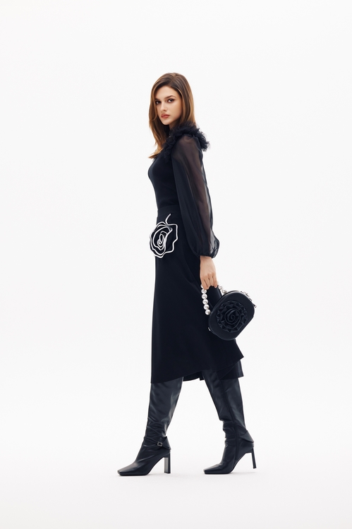 鑲色邊手工繞花中長展裙,長裙