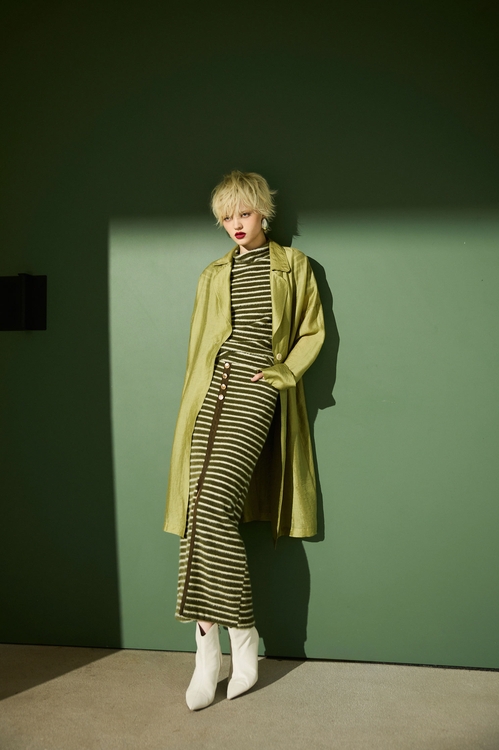 酸橙綠條紋中長裙,長裙