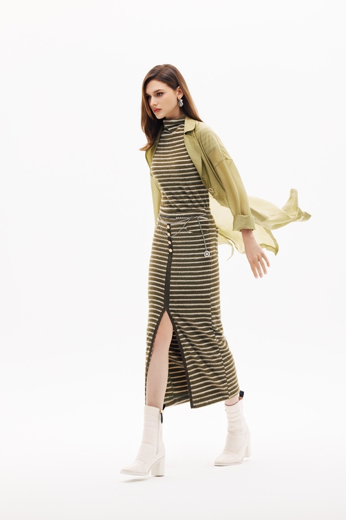 酸橙綠條紋中長裙,長裙