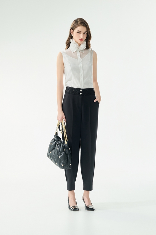 光澤四面彈錐型褲,黑色褲子