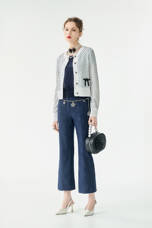 溫室花園壓花九分直筒褲,喇叭褲