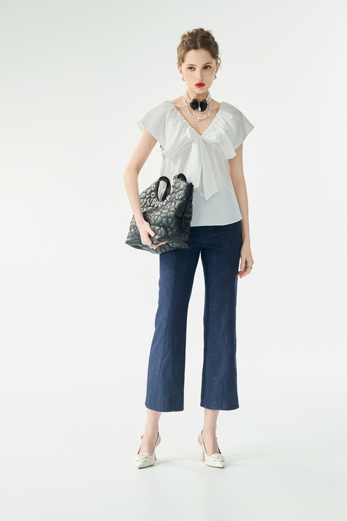 溫室花園壓花九分直筒褲,喇叭褲