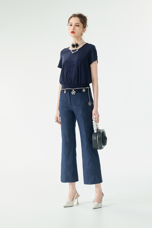 溫室花園壓花九分直筒褲,喇叭褲