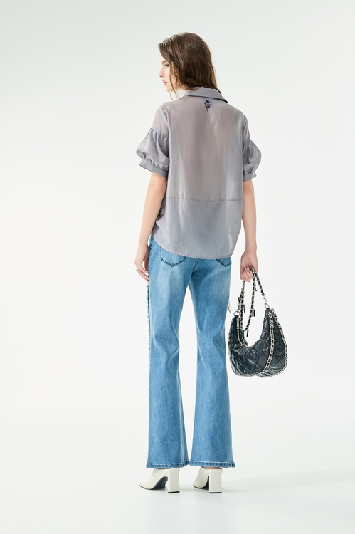 顯瘦切割線牛仔喇叭褲,牛仔褲