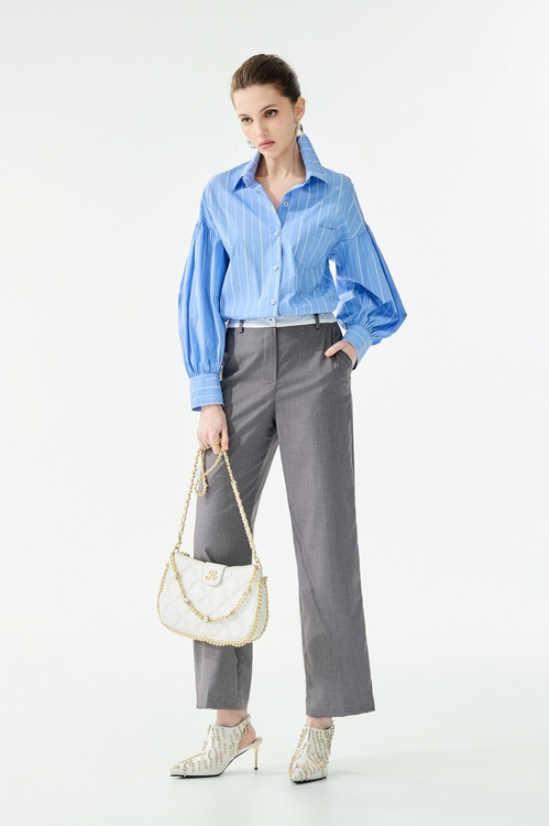 港霧灰跳色腰頭套裝長褲,襯衫