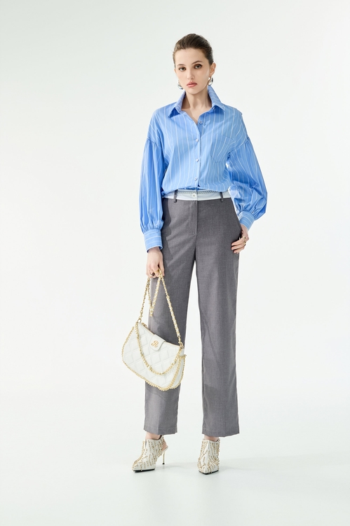 港霧灰跳色腰頭套裝長褲,襯衫