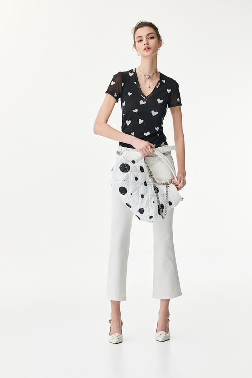 愛心口袋繡花八分喇叭褲,窄管褲,褲子