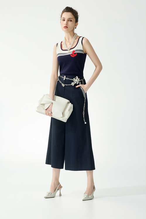 綴船錨刺繡八分寬褲,寬褲,褲子