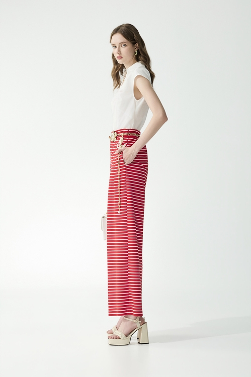 紅梅色配條寬腿褲,寬褲,褲子