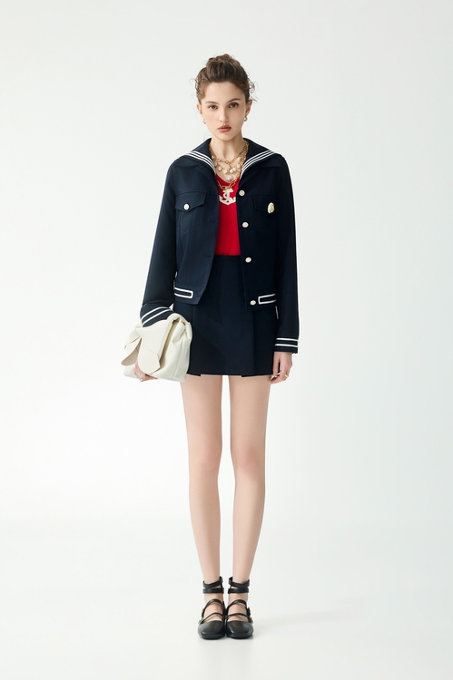 經典海軍藍摺飾短褲裙,褲裙