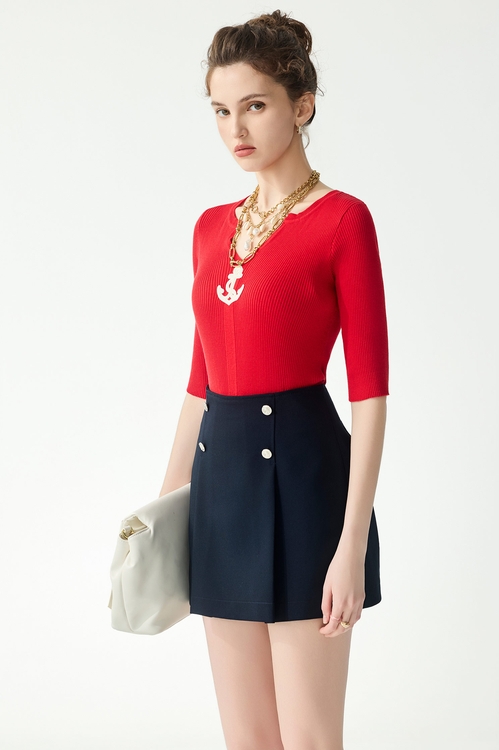 經典海軍藍摺飾短褲裙,褲裙