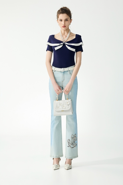 綴織帶船錨牛仔喇叭褲,牛仔褲