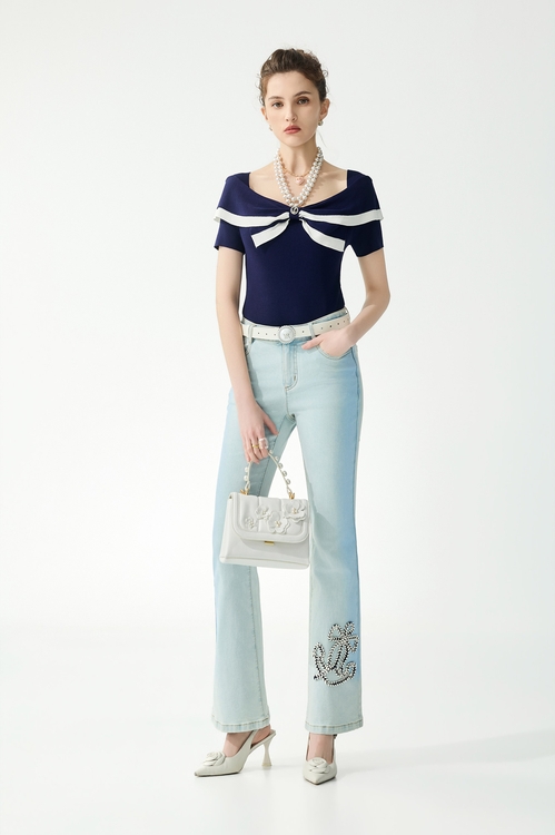 綴織帶船錨牛仔喇叭褲,牛仔褲