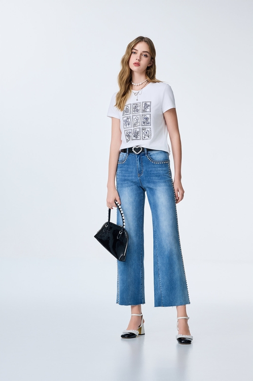 綴卯釘帥氣牛仔寬褲,牛仔褲