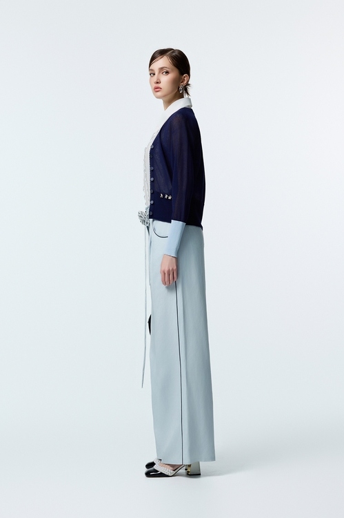 帆船藍鑲色邊寬腿褲,長褲